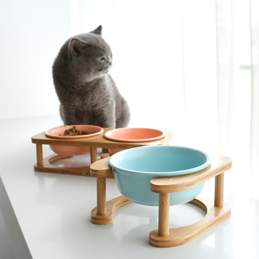 Ceramic Cat Bowl & Wooden Stand